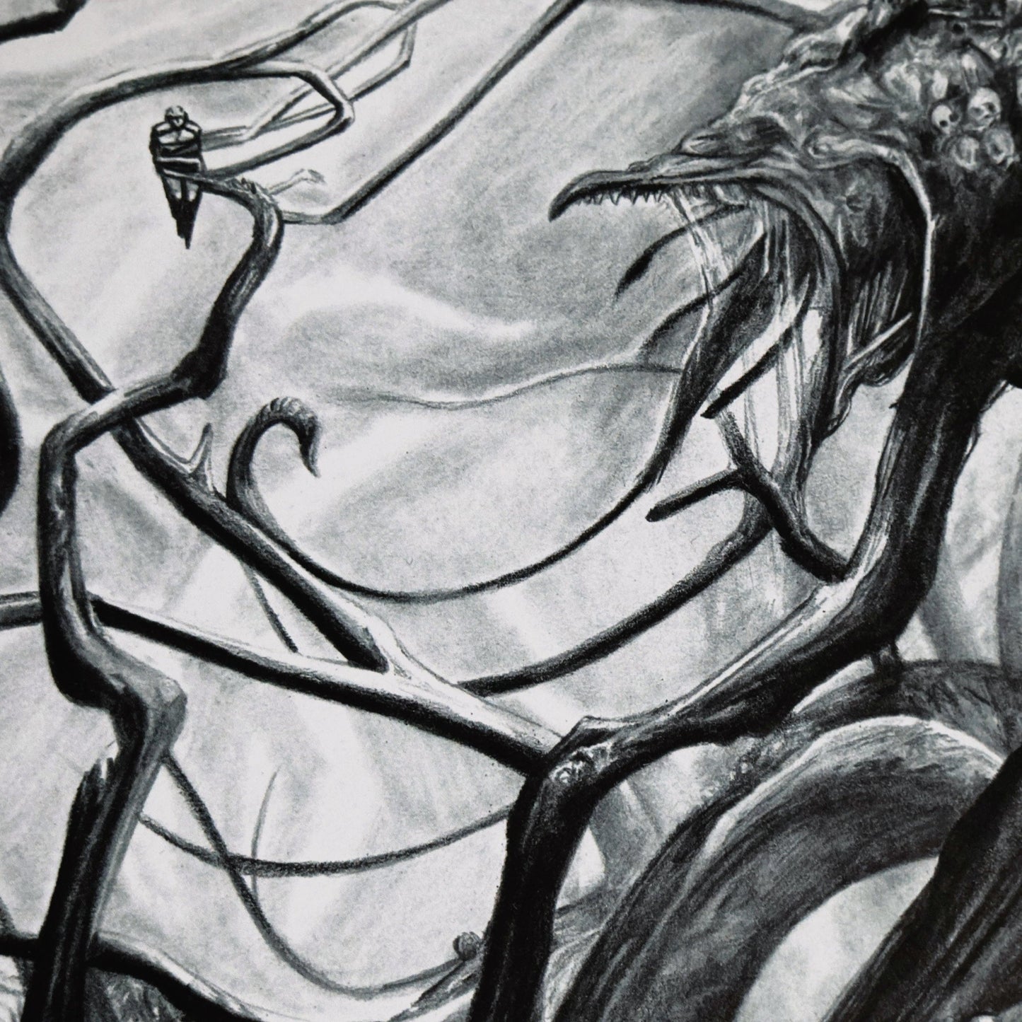 A second close-up of a hand‑drawn Halo art print of the Gravemind, depicting its massive tendrils and menacing presence during its confrontation with Master Chief. Dark, detailed sci‑fi fan art.