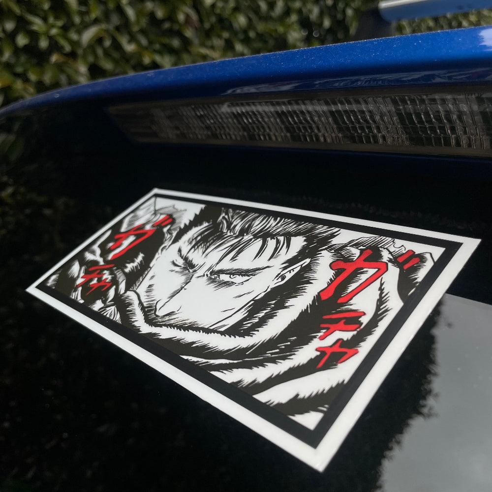 This Berserk sticker is ideal for car decor, decorating any personal belongings, or simply adding to your Berserk art collection. Made in Australia, waterproof vinyl sticker base with top lamination, suitable for indoor and outdoor. Dimension: Approx. 16cm x 7.5cm