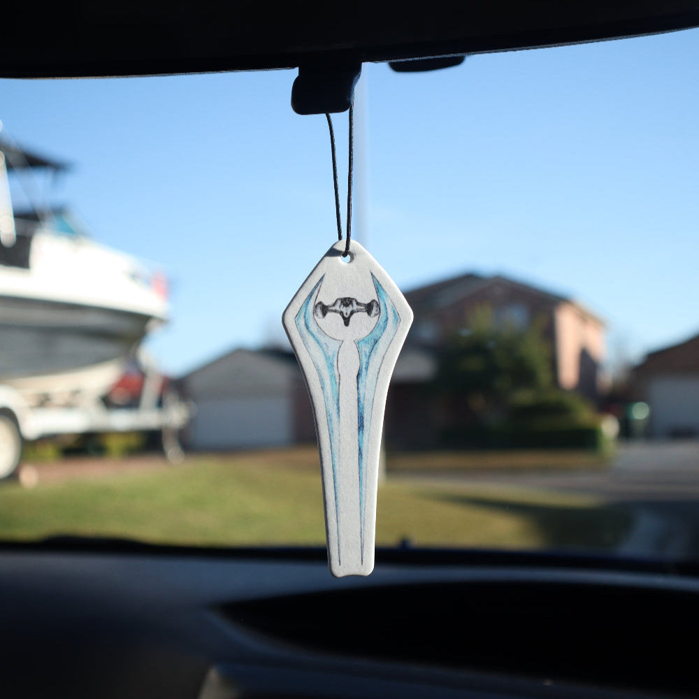 Car Air Freshener - Halo Energy Sword. The perfect gift for Halo art enthusiasts, this halo Energy Sword car air freshener card is ideal for decorating your car and keep the air fresh.
