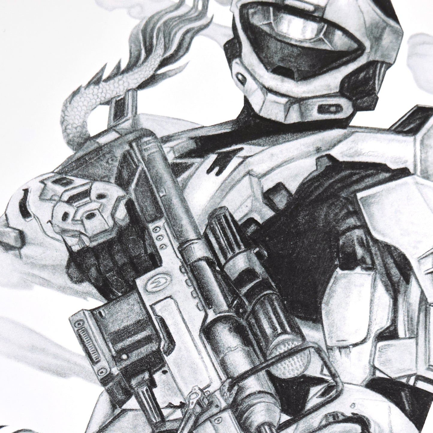 Close-up of a hand‑drawn Halo art print of the RECON Spartan helmet from Halo 3, featuring its iconic silhouette and tactical design. A4 matte fan art poster for Halo collectors.