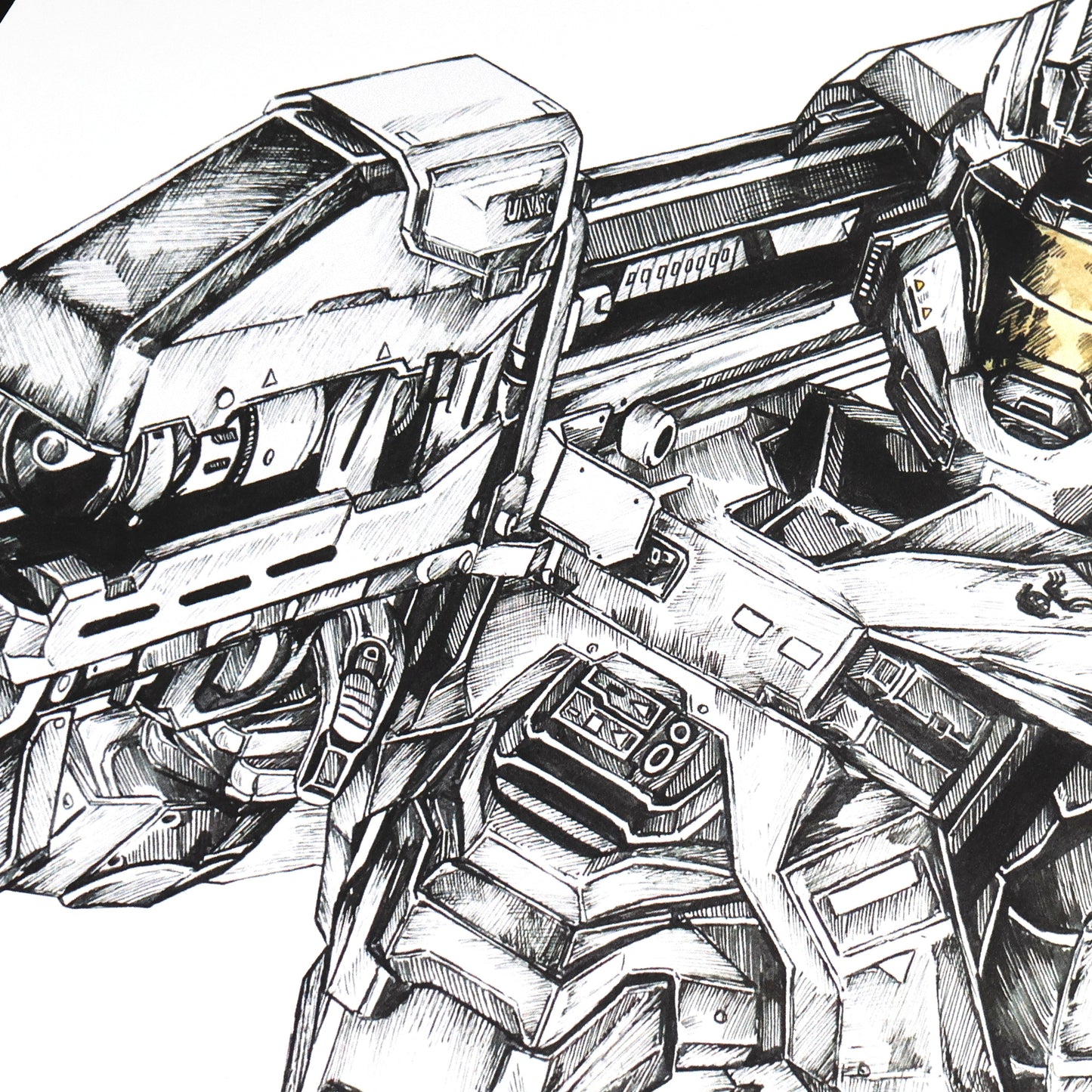 A second close-up of a hand‑drawn Halo art print of Noble Six, Spartan‑B312, wielding a Spartan Laser in a heroic combat pose. A4 matte fan art print for Halo collectors.