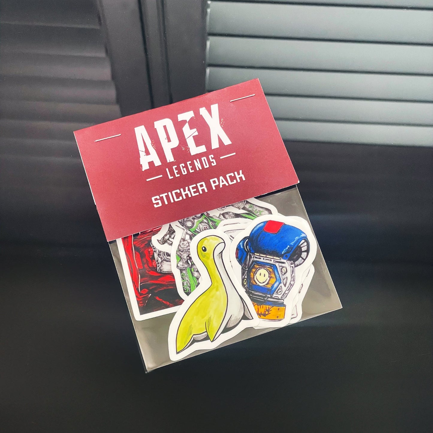 Apex Legends sticker pack packed up in sealed up bag.