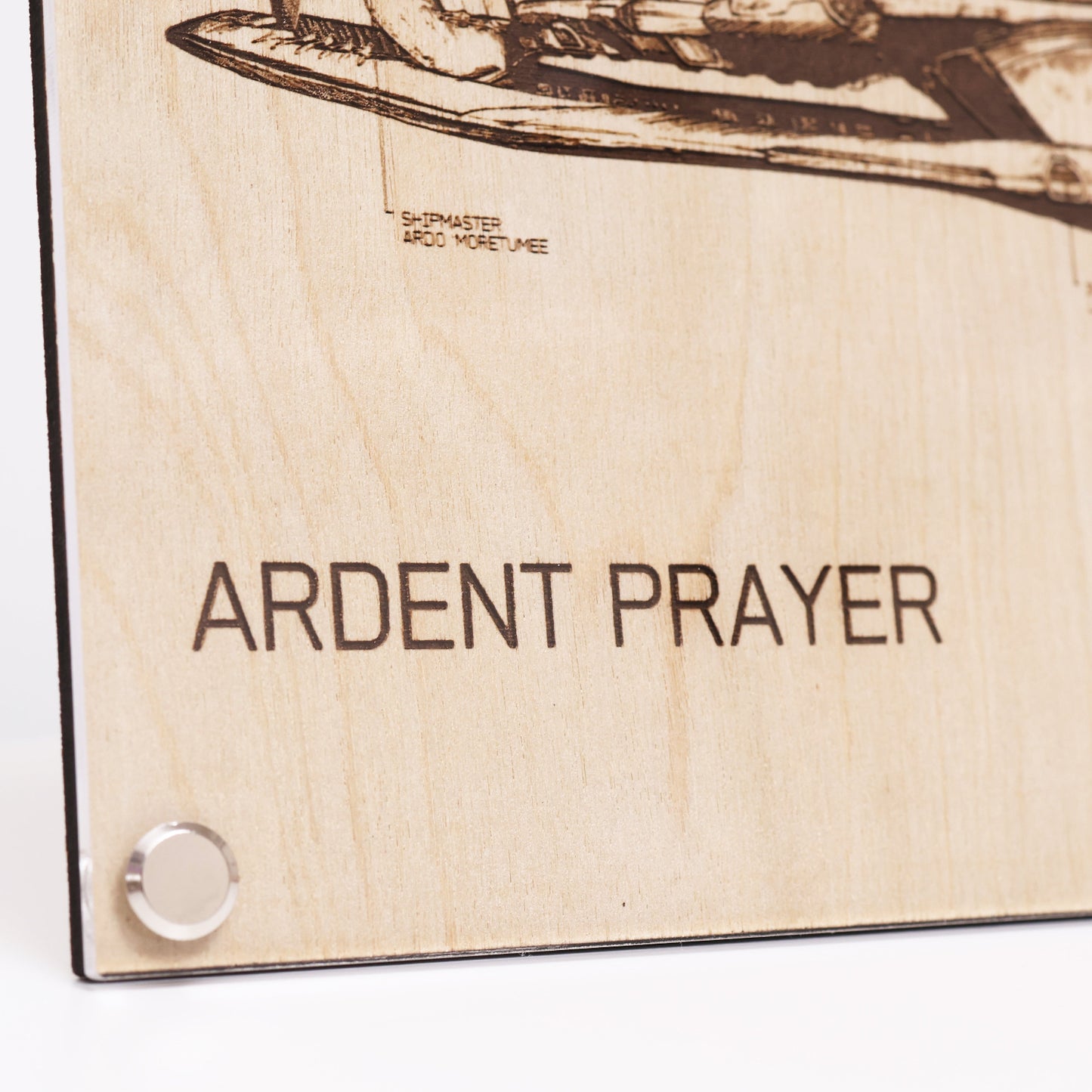 Halo-inspired laser-engraved plaque showcasing the Covenant ship, Ardent Prayer, bottom left corner closeup.
