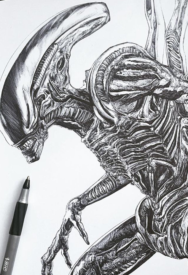 Close up of Entransing's fan art of the Alien Xenomorph art print, inspired by the iconic Alien franchise.