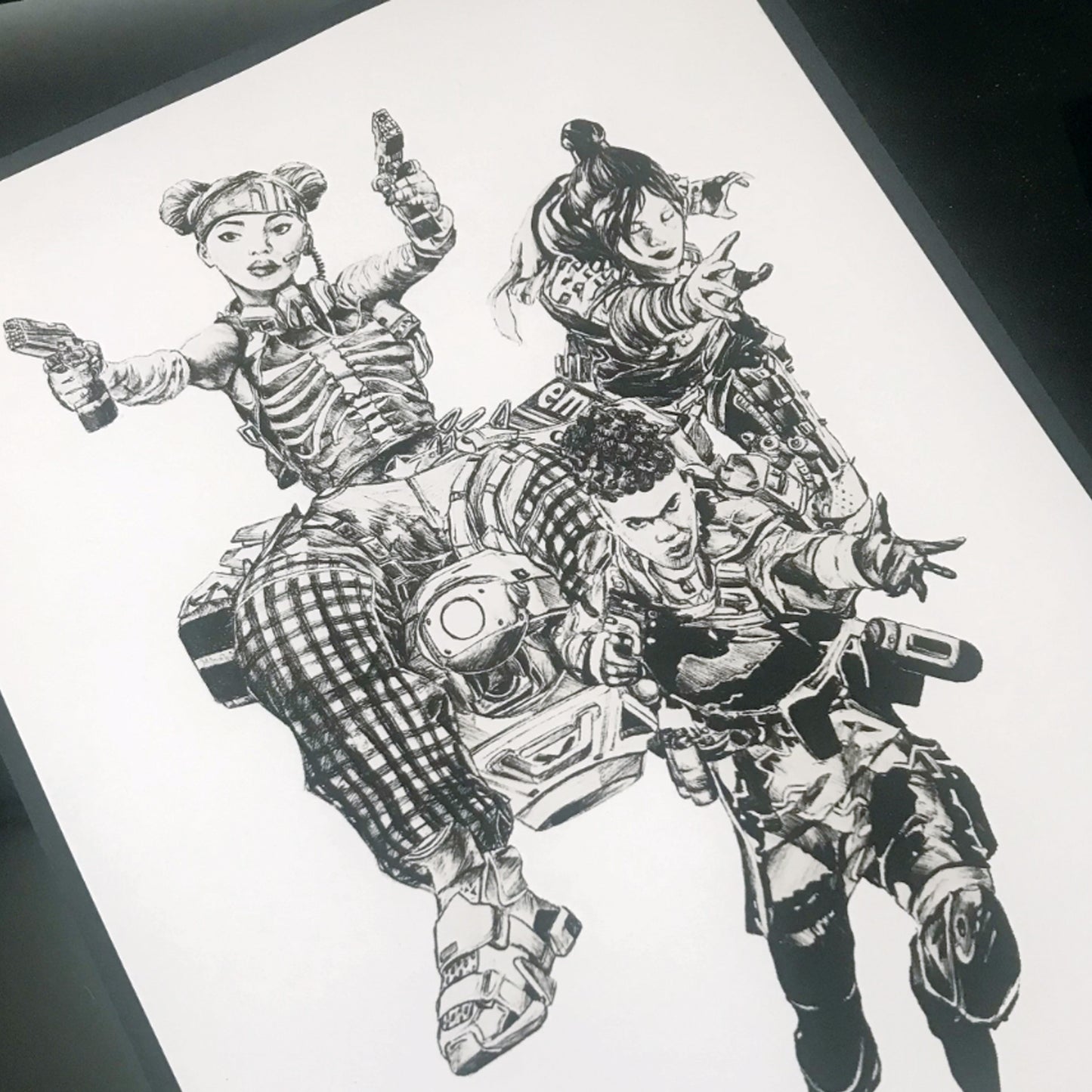Closeup of Entransing's original hand-drawn fan art of Apex Legends' fiercest Girl Squad characters.