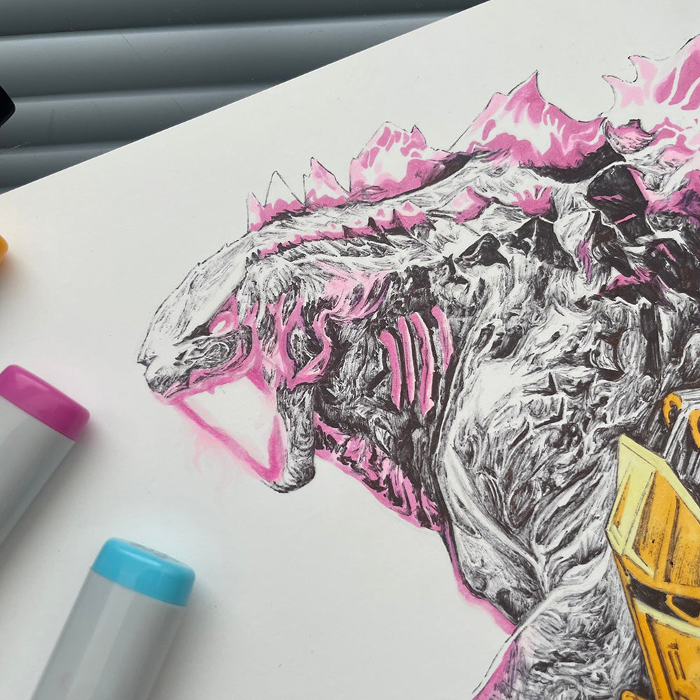 Close up on the remarkable detail of Godzilla of Entransing's MonsterVerse fan art, the Godzilla vs. King Kong art print.