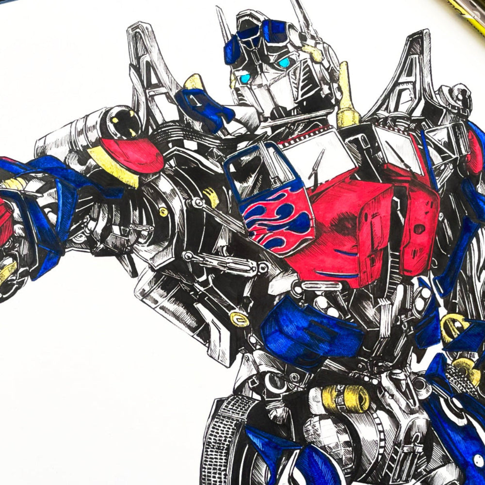 Close up of Entransing's Transformers fan art of the Optimus Prime art print, inspired by the iconic Transformers series.