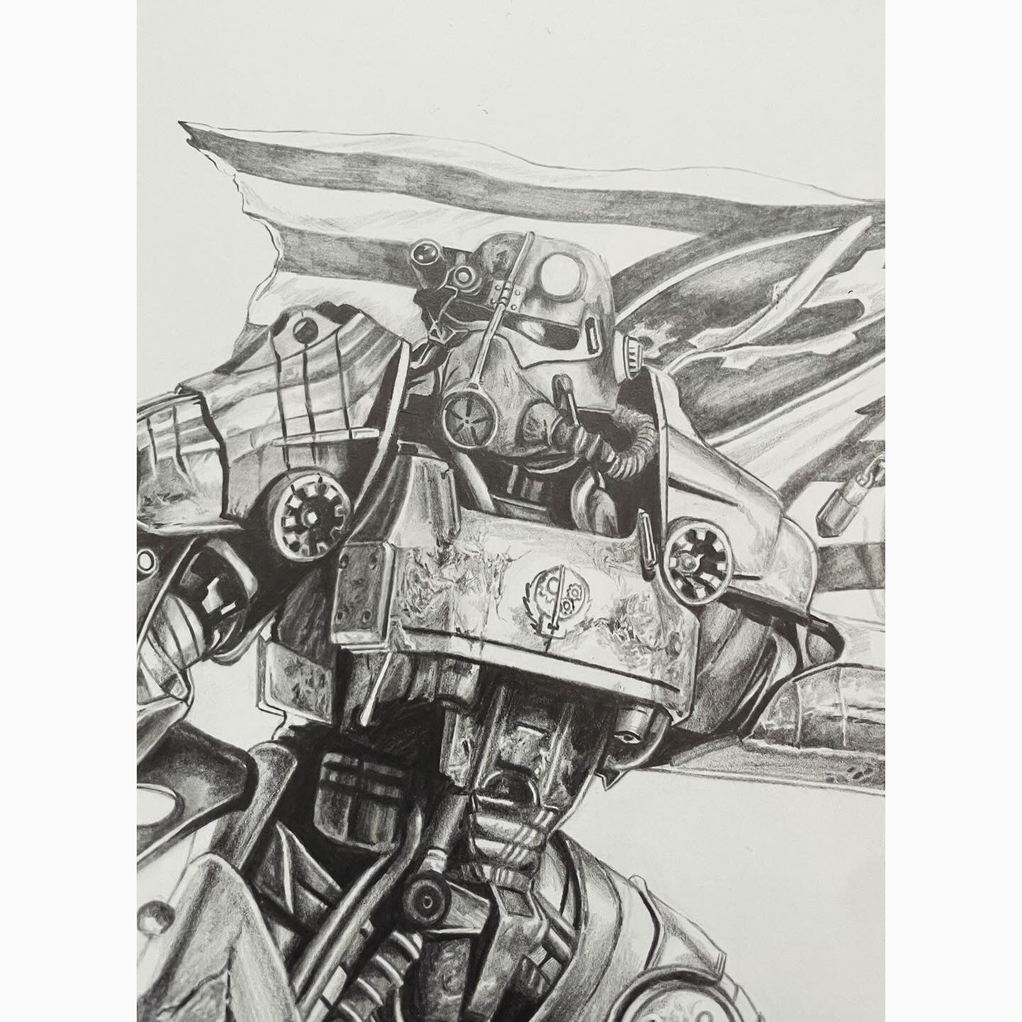 Detailed black and white drawing of power armor from Fallout with intricate design elements.