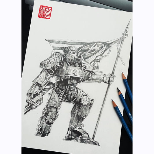 Art print, inspired by the Fallout franchise featuring a Brotherhood of Steel Knight wielding a Laser Pistol and heroically gripping the flag of the Brotherhood.