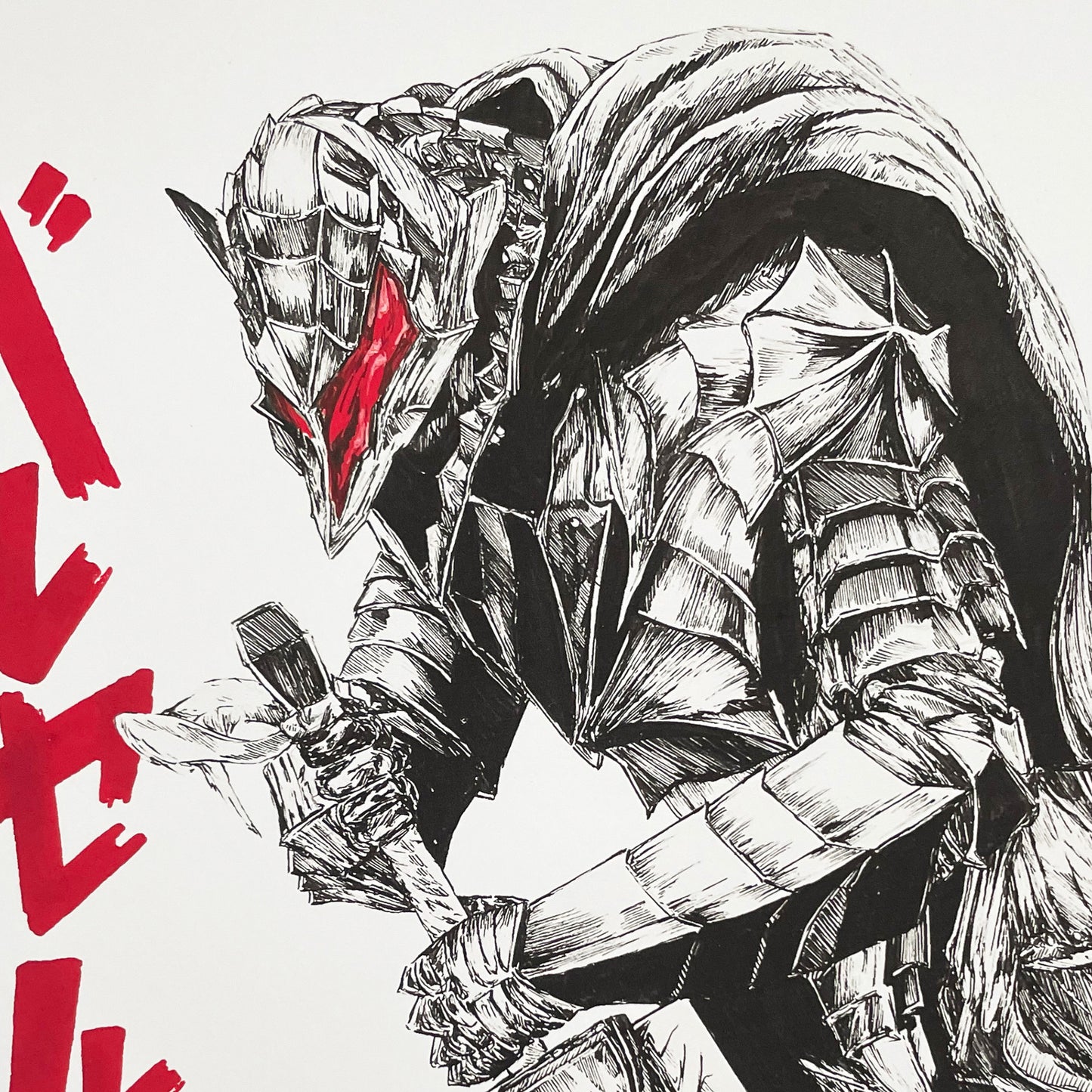 Close up of art print/poster featuring Guts in Berserker Armor, inspired by the legendary manga series, Berserk.