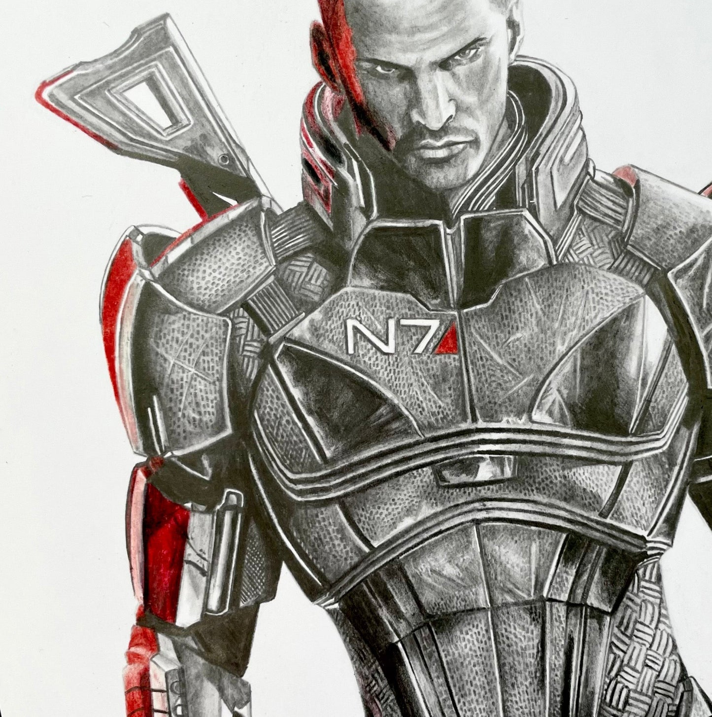 Closeup of detailed fan art poster of Commander Shepard in N7 armor, sci-fi gaming wall decor