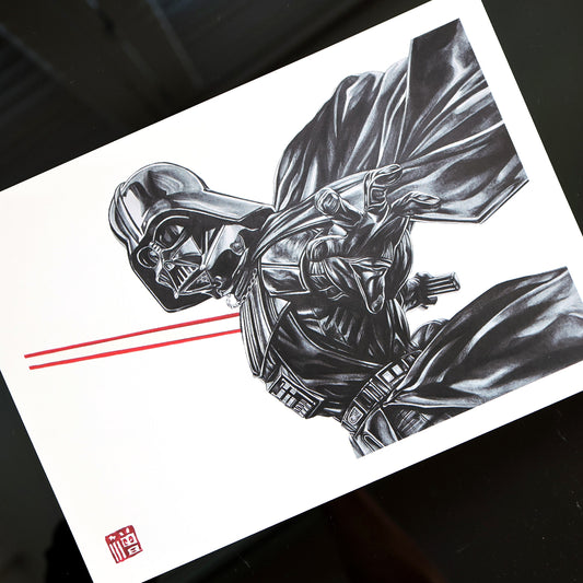 Fan art print of Darth Vader showcases Entransing's signature graphic style in a dramatic posture, capturing Vader's commanding presence.