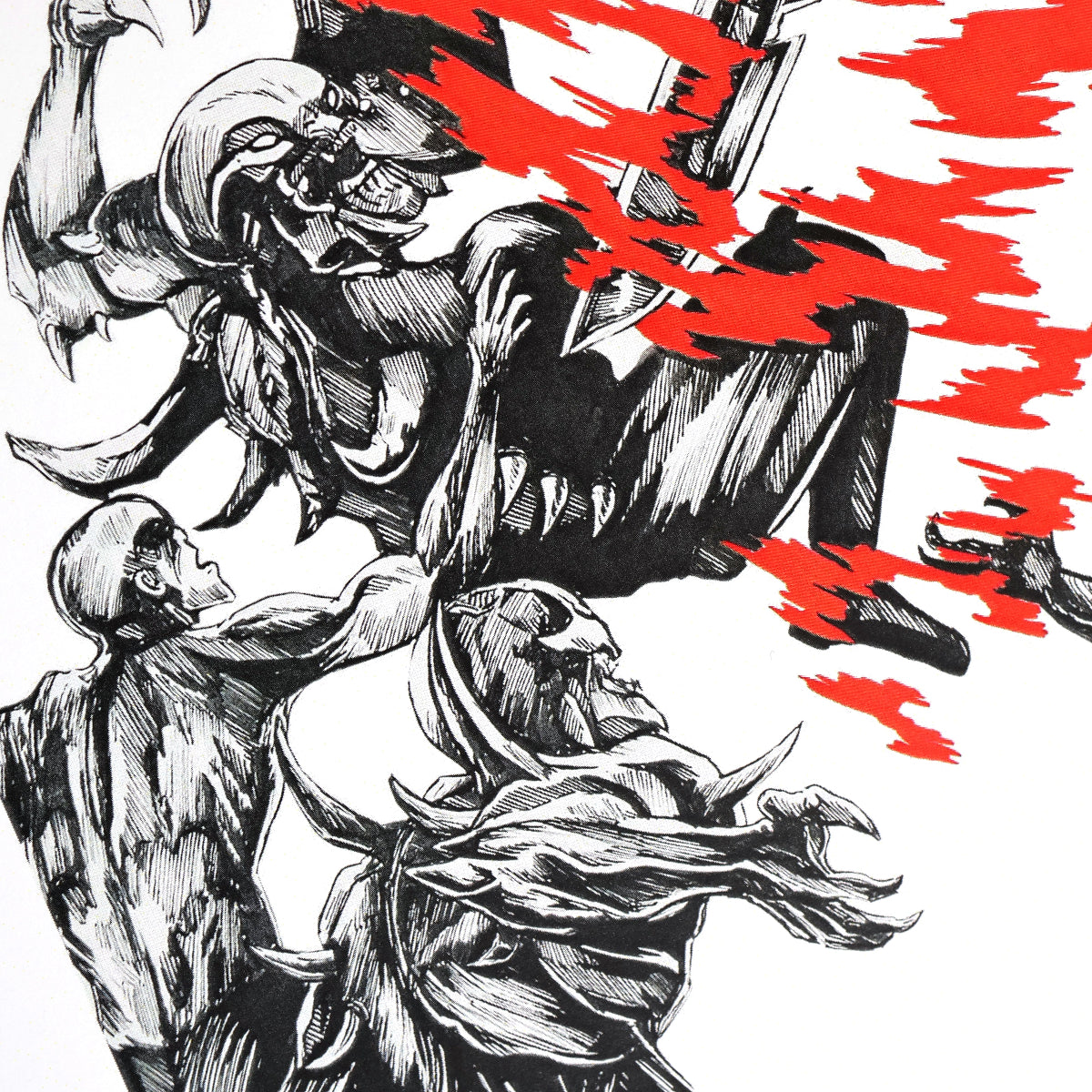 Closeup of foes in fan art print of Doom Slayer descending into battle