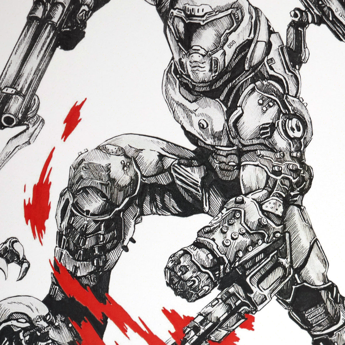 Closeup of fan art print of Doom Slayer descending into battle – Entransing Signature Interpretation style