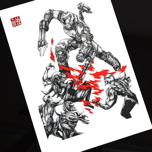 Fan art print of Doom Slayer descending into battle – Entransing Signature Interpretation style