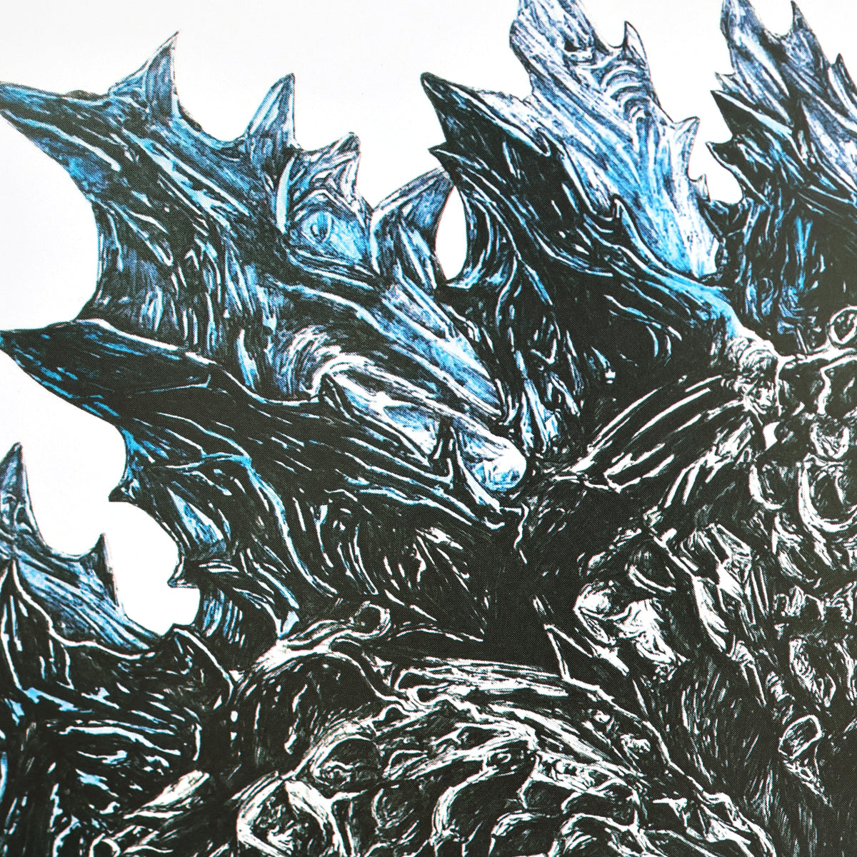 Close-up of Godzilla fan art print featuring intricate textures and glowing dorsal spikes