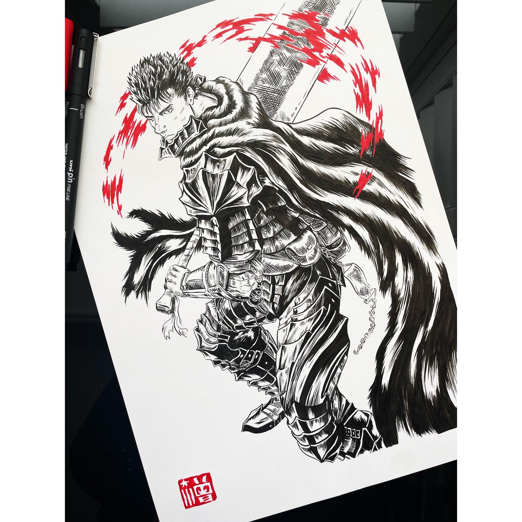 Guts, the Black Swordsman art print/poster, inspired by Berserk manga. This high-quality print from Entransing's hand drawn artwork captures the essence of the fierce and determined warrior.