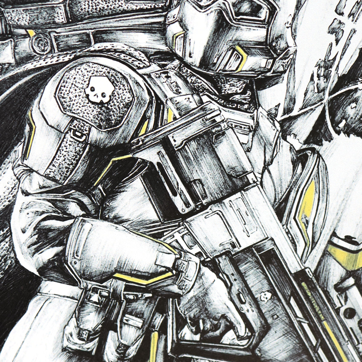 Detailed illustration of Helldiver in armor with a weapon, in black and white with yellow accents.
