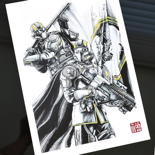 Illustration of two elite Helldivers stand beneath the banner of Super Earth—one armed with a heavy firearm, the other cloaked and sword-drawn.