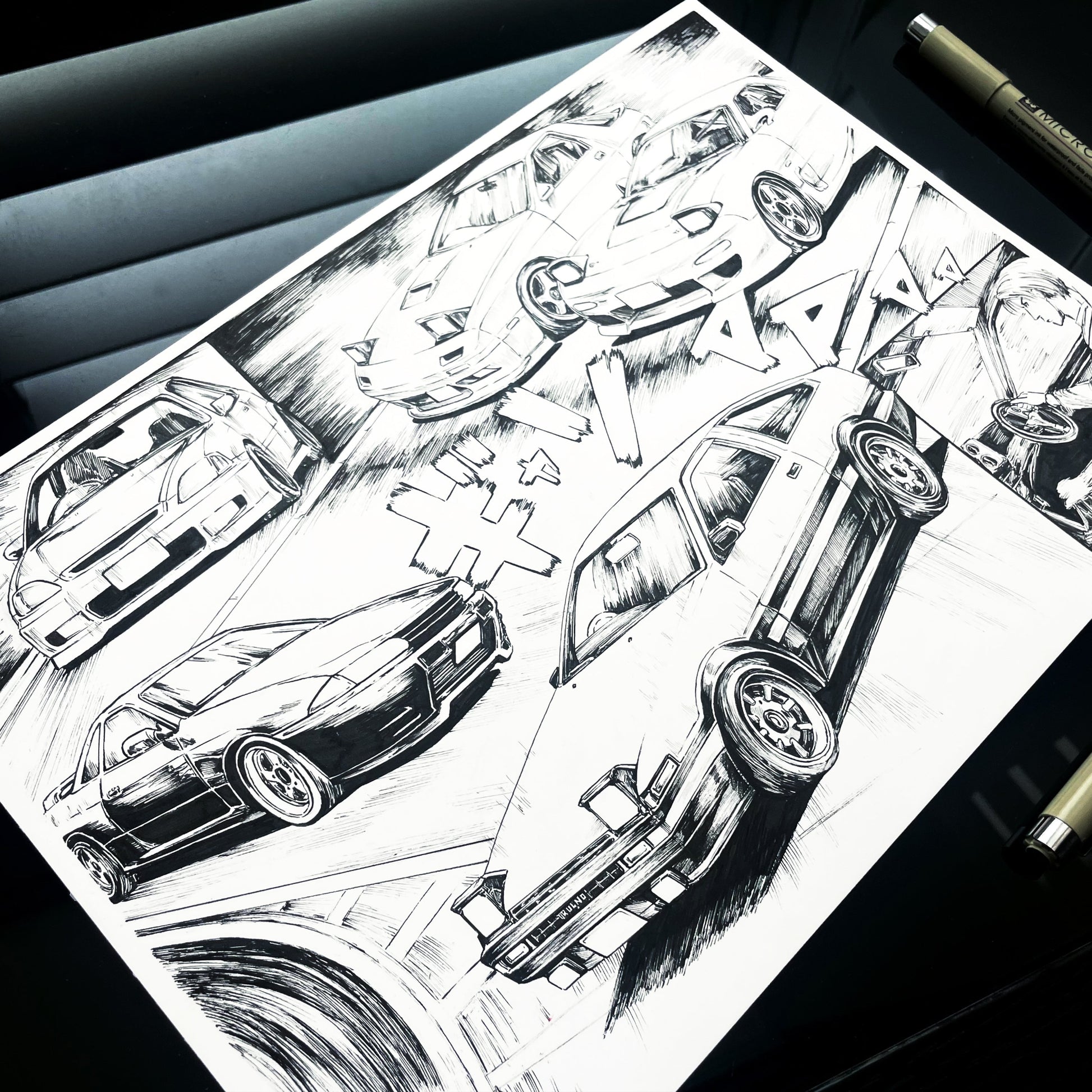 Closeup of detailed black and white manga style JDM car collage drawings inspired by Initial D.