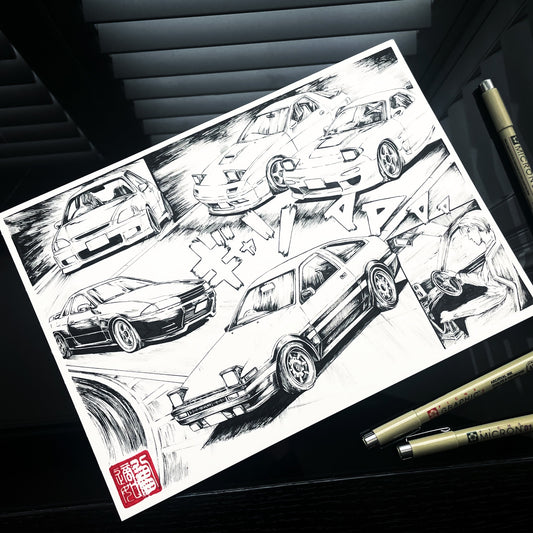 Detailed black and white manga style JDM car collage drawings inspired by popular manga Initial D on a white sheet with red signature stamp of Entransing and pens next to it.