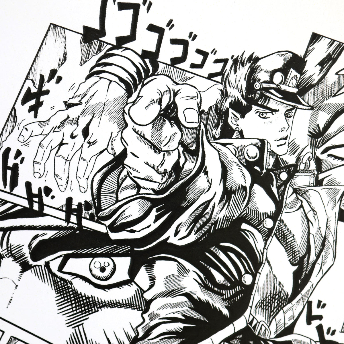 Closeup of JoJo’s Bizarre Adventure fan art poster featuring manga-style collage of dramatic panels and central Jotaro Kujo signature pose