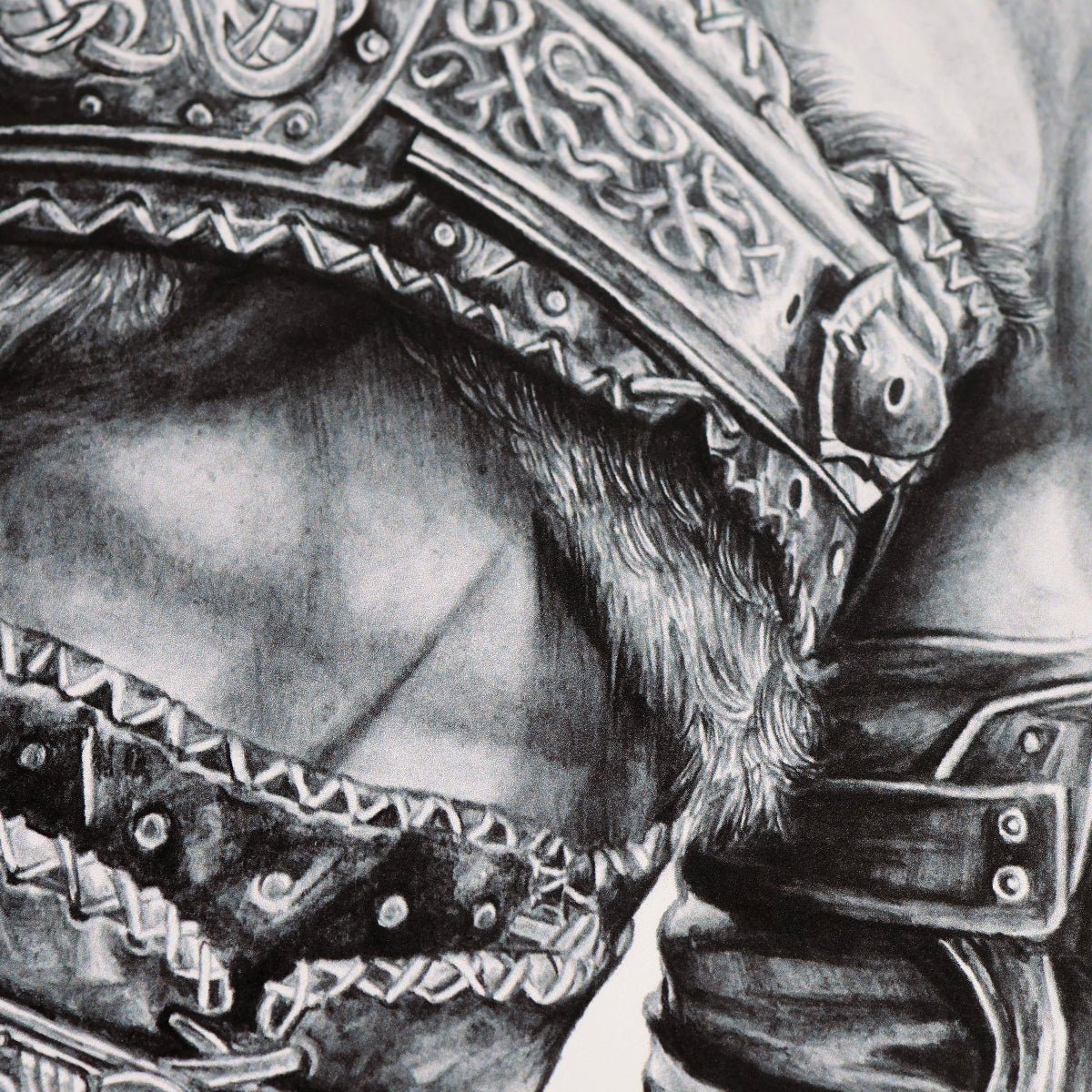 Close-up of a detailed Kratos Pencil Portrait with intricate patterns.