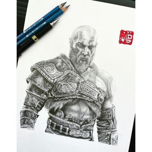 Detailed Kratos Pencil Portrait with armor inspired by God of War