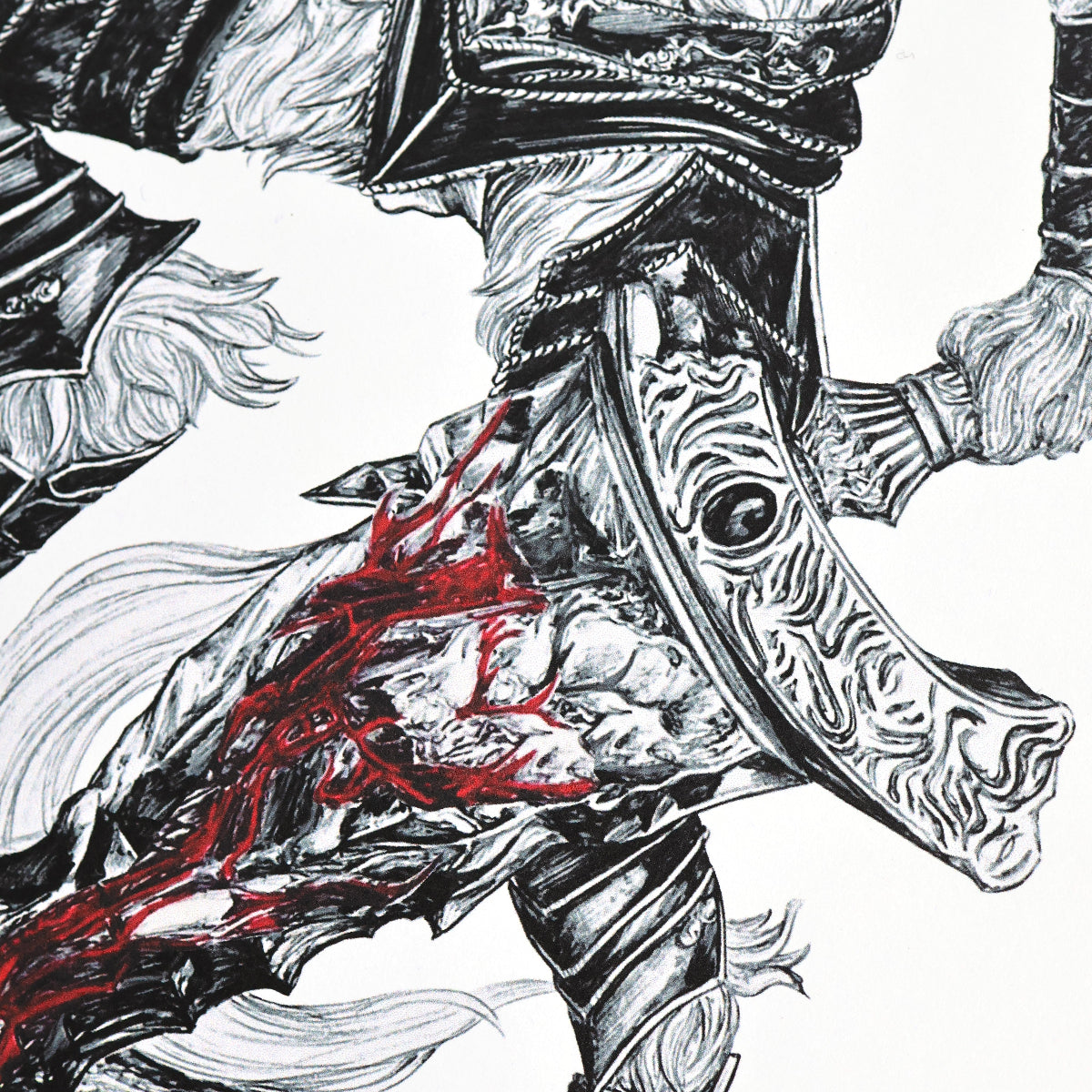 Closeup on the blade of Maliketh art print from Elden Ring, featuring Entransing’s signature shading