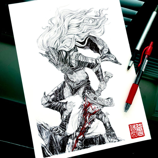 Maliketh fan art print rendered in Entransing’s signature detail shading for Elden Ring collectors and dark fantasy fans