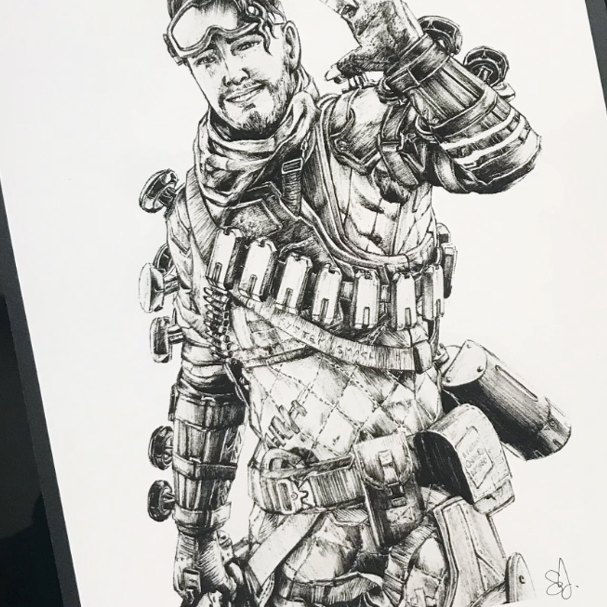 Closeup of hand drawn Mirage art print, inspired by Apex Legends.