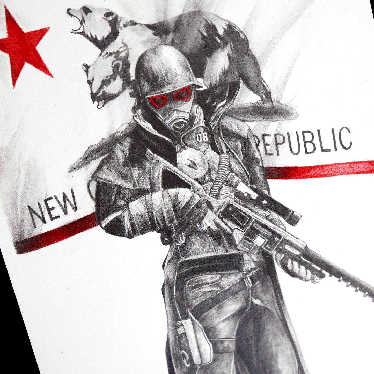Closeup of NCR Ranger from Fallout: New Vegas in combat armor with sniper rifle and New Republic flag