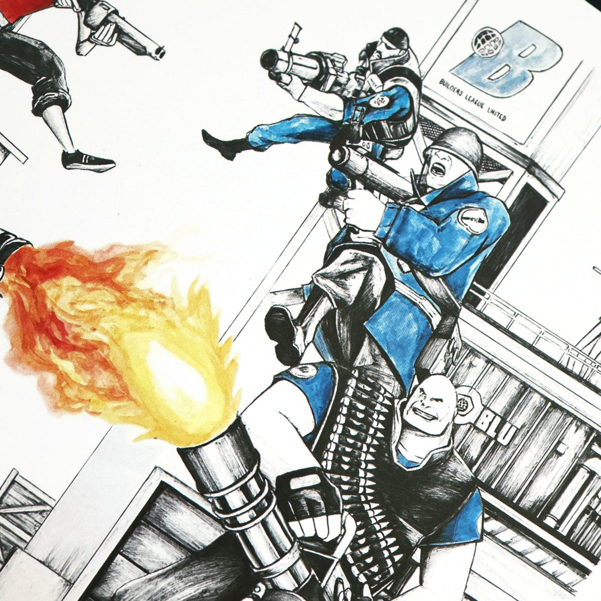 Bue team closeup of Team Fortress 2’s RED vs BLU battle scene
