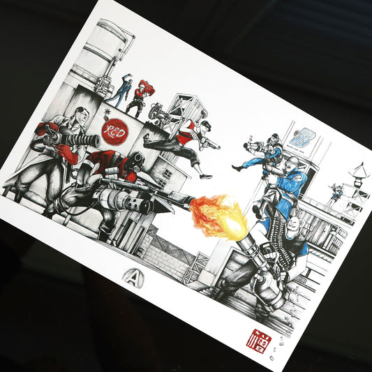 Explosive fan art print of Team Fortress 2’s RED vs BLU battle scene