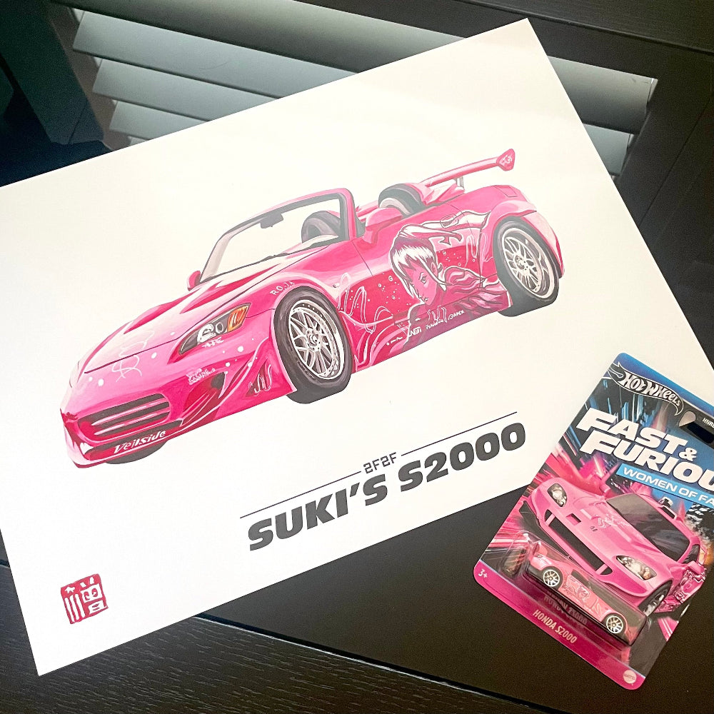 Entransing's 2Fast2Furious fan art of Suki’s Honda S2000 art print, inspired by the JDM culture and Fast and Furious movies, place side by side with a Hot Wheels' Fast & Furious Women of Fast Honda S2000.