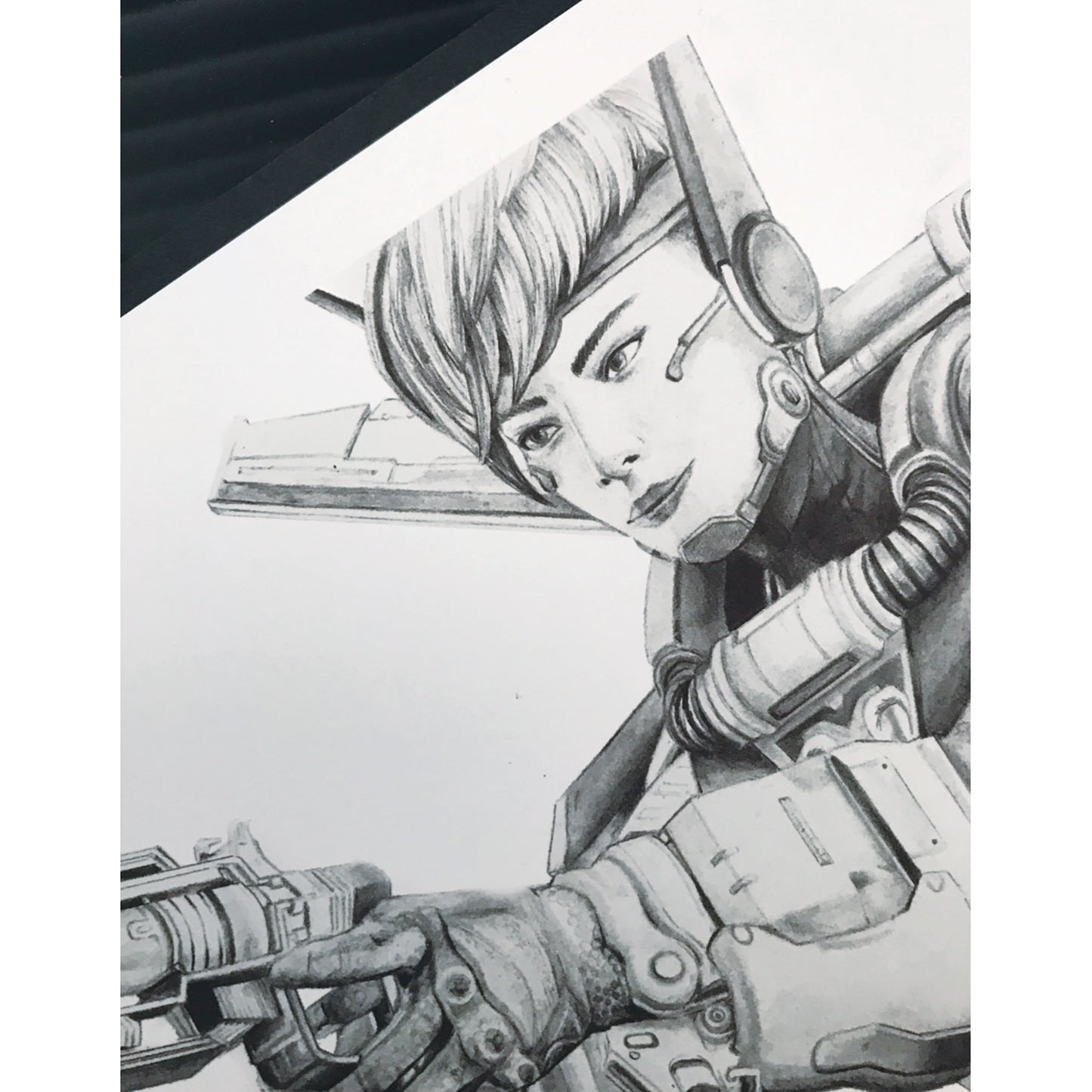 Closeup of hand-drawn fan art featuring bold Valkyrie holding a gun! Inspired by Apex Legends.