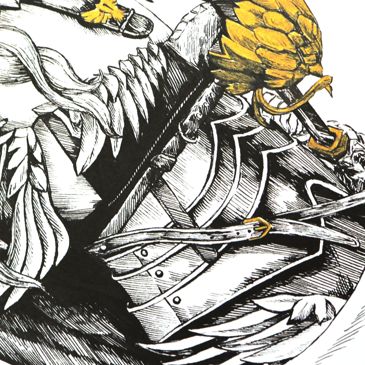 Ornate armor closeup of stylized black and white illustration of Griffith from Berserk