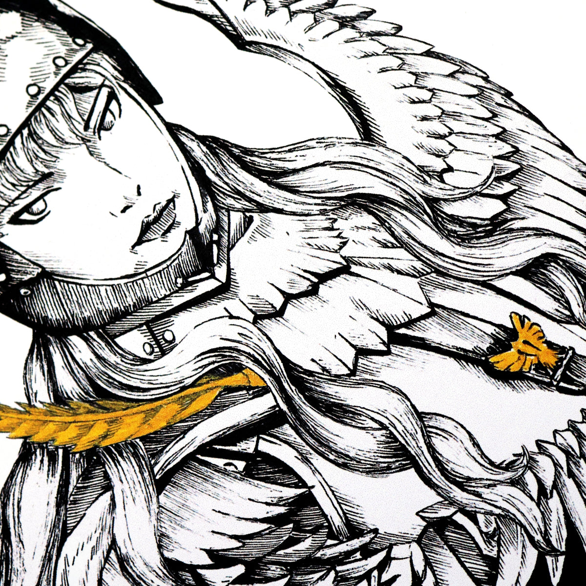 Closeup of stylized black and white illustration of Griffith from Berserk