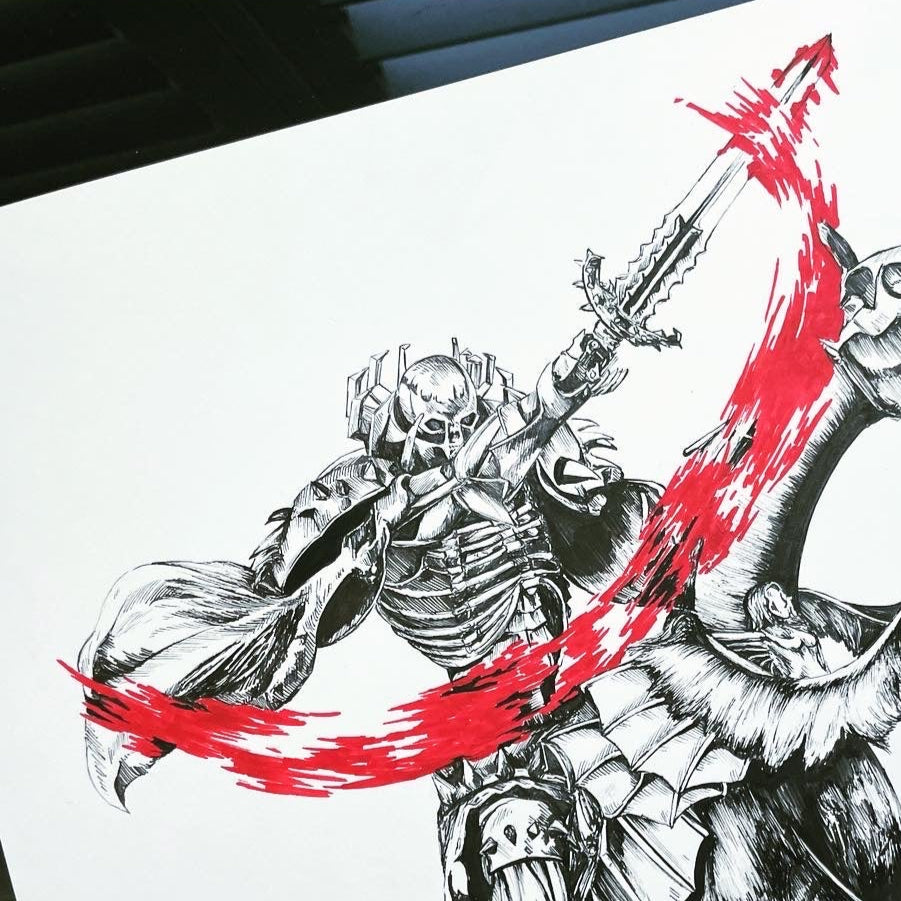 Close up of Entransing's Berserk fan art, Skull Knight art print, inspired by the Berserk manga.