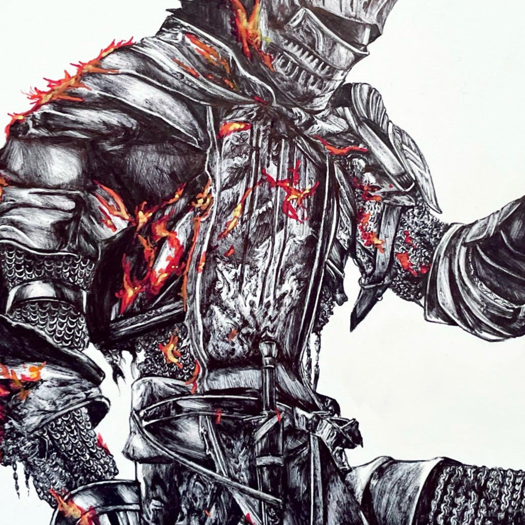 Close up of Entransing's fan art of the Soul of Cinder art print, inspired by the legendary Dark Souls series.