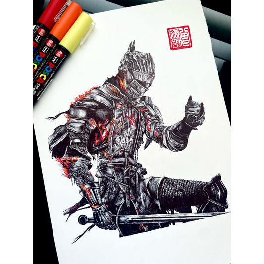 Entransing's hand-drawn art print of a character from Dark Souls, titled Soul of Cinder, on white paper with markers and a watermark stamp. Inspired by the legendary Dark Souls series, this high-quality print captures the formidable and haunting presence of the Soul of Cinder.