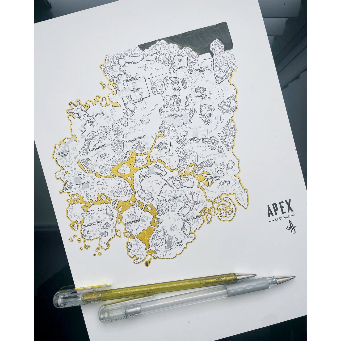 Intricate Storm Point Map art print, inspired by Apex Legends! Premium print finished off with metallic silver highlights for buildings, and glitter gold highlights for walls and boundaries.