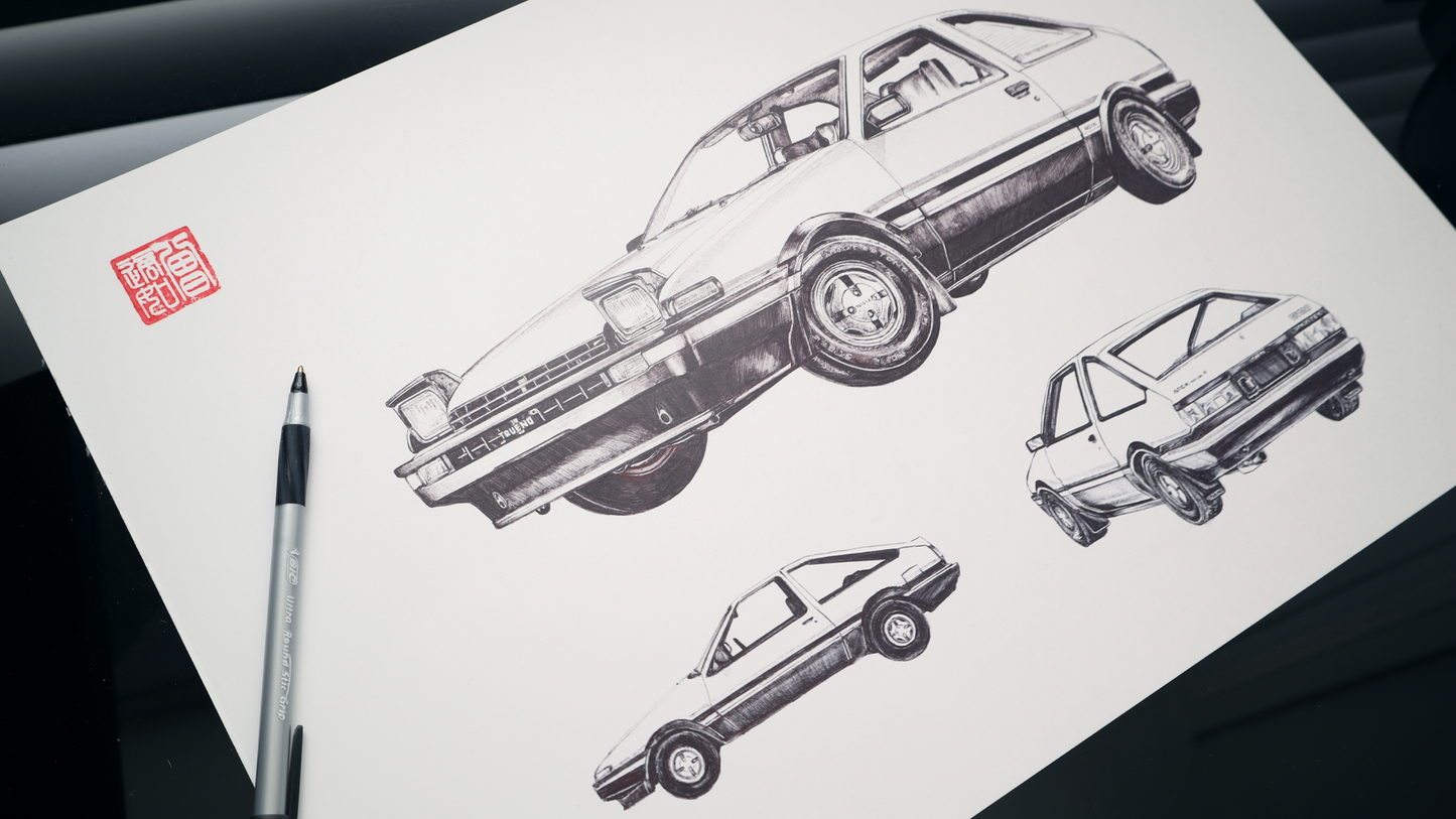 Art Print featuring the iconic Toyota AE86 Sprinter Trueno from the legendary manga and anime series, Initial D. This artwork is a reproduction of Entransing's detailed hand-drawn ballpen illustration, with Entransing's red signature stamp, capturing the spirit of the beloved car in multi-angle.