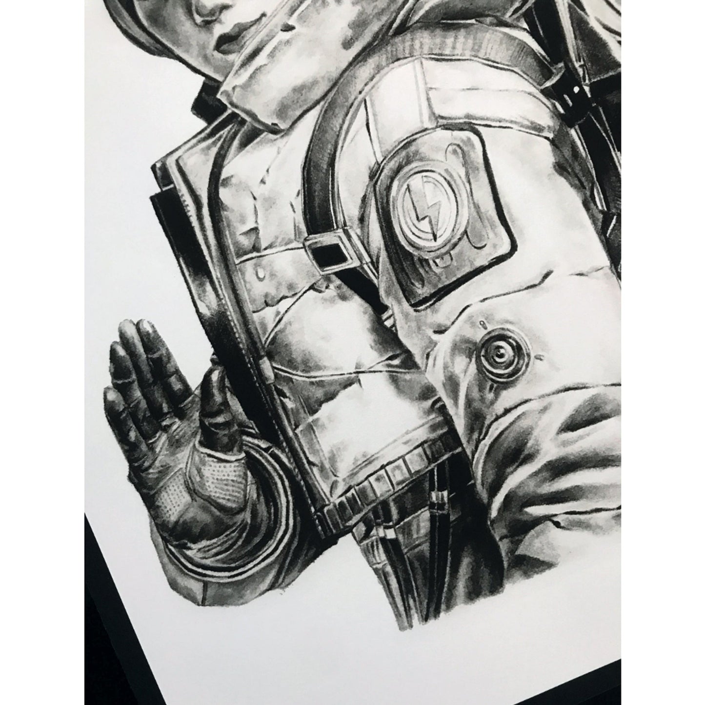 Closeup on body of hand-drawn fan art of Wattson, inspired by Apex Legends.