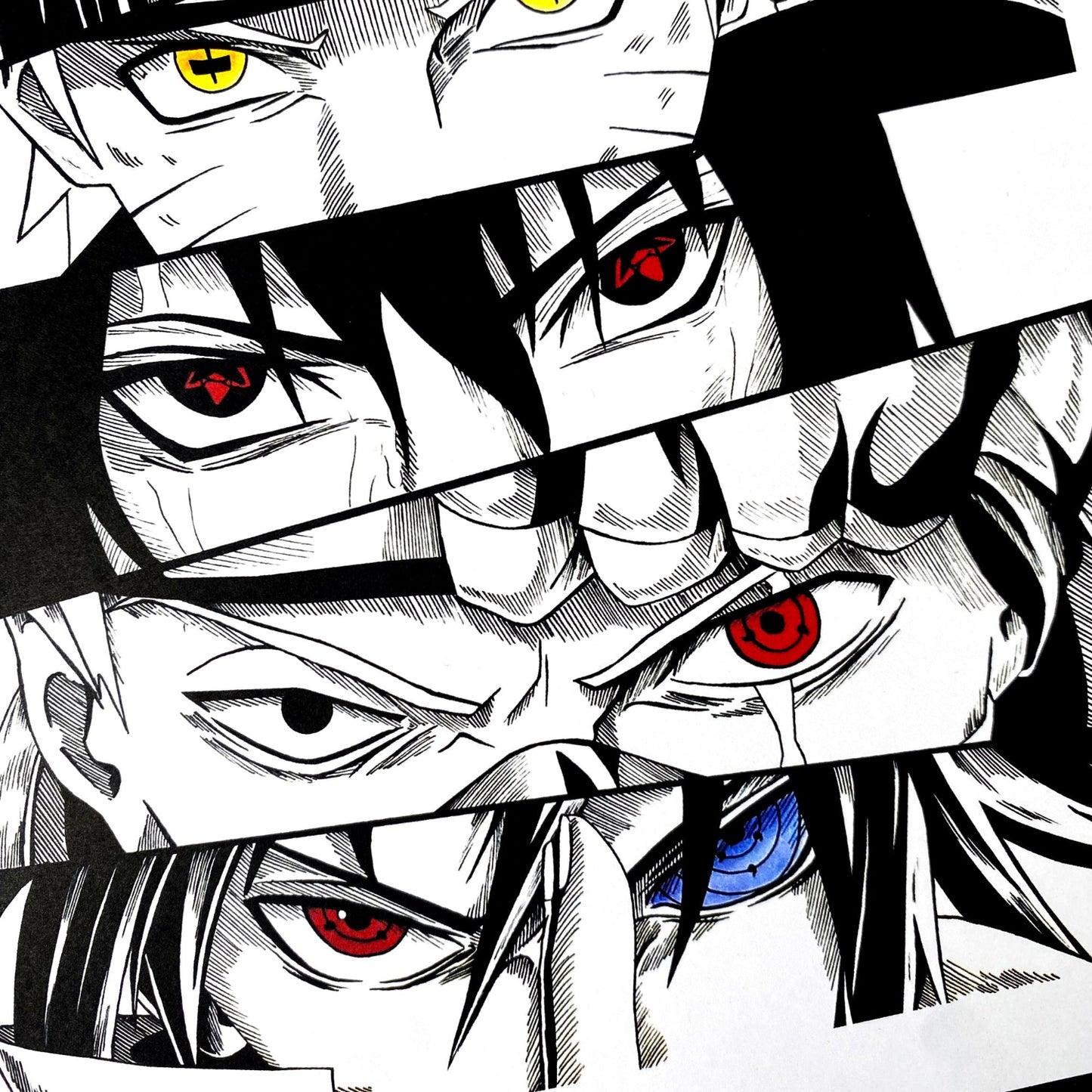 Closeup bottom half of Naruto Eyes manga panel art print, collage featuring the iconic eyes of Naruto Uzumaki, Sasuke Uchiha, Itachi Uchiha, and more.