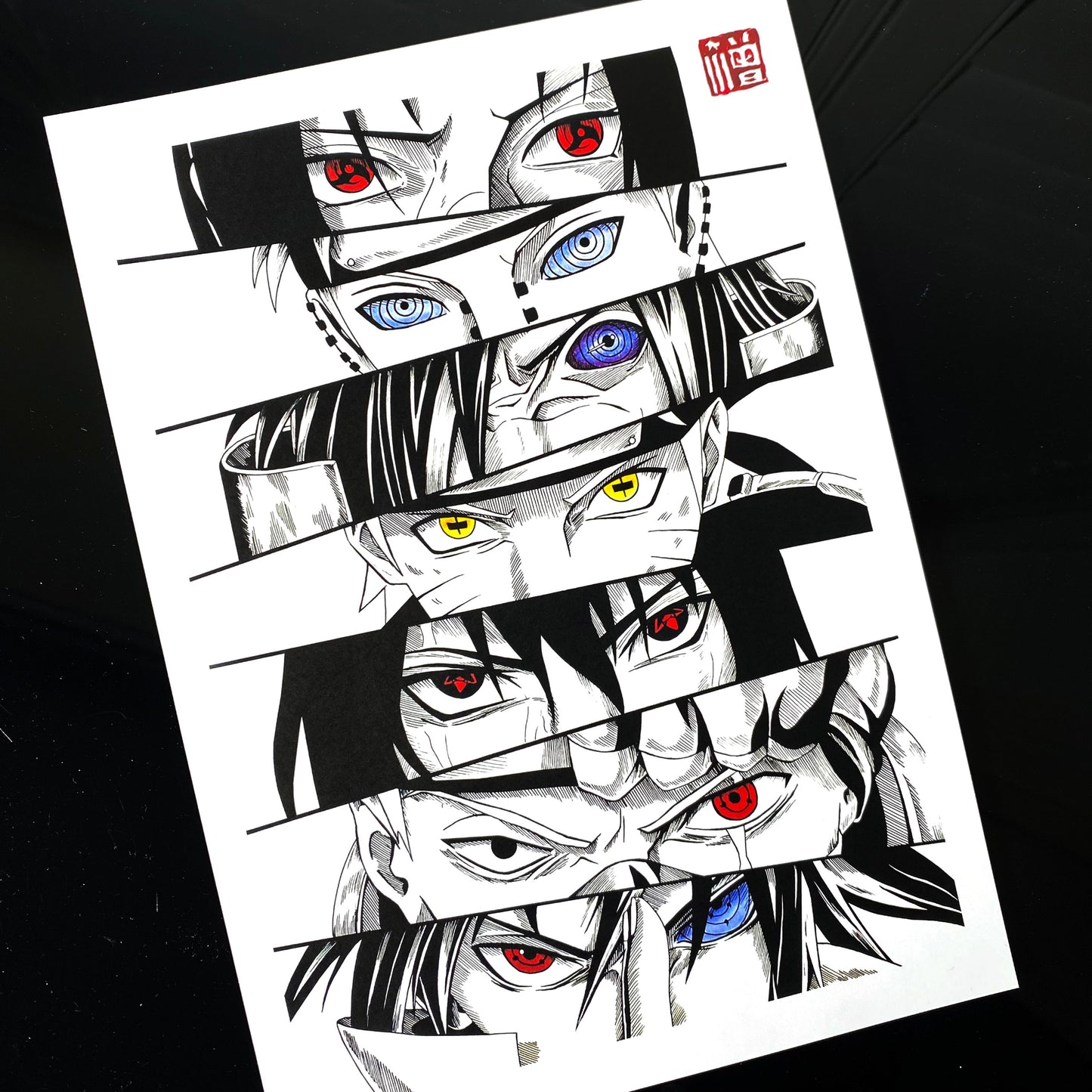 Naruto Eyes manga panel art print, collage featuring the iconic eyes of Naruto Uzumaki, Sasuke Uchiha, Itachi Uchiha, and more.