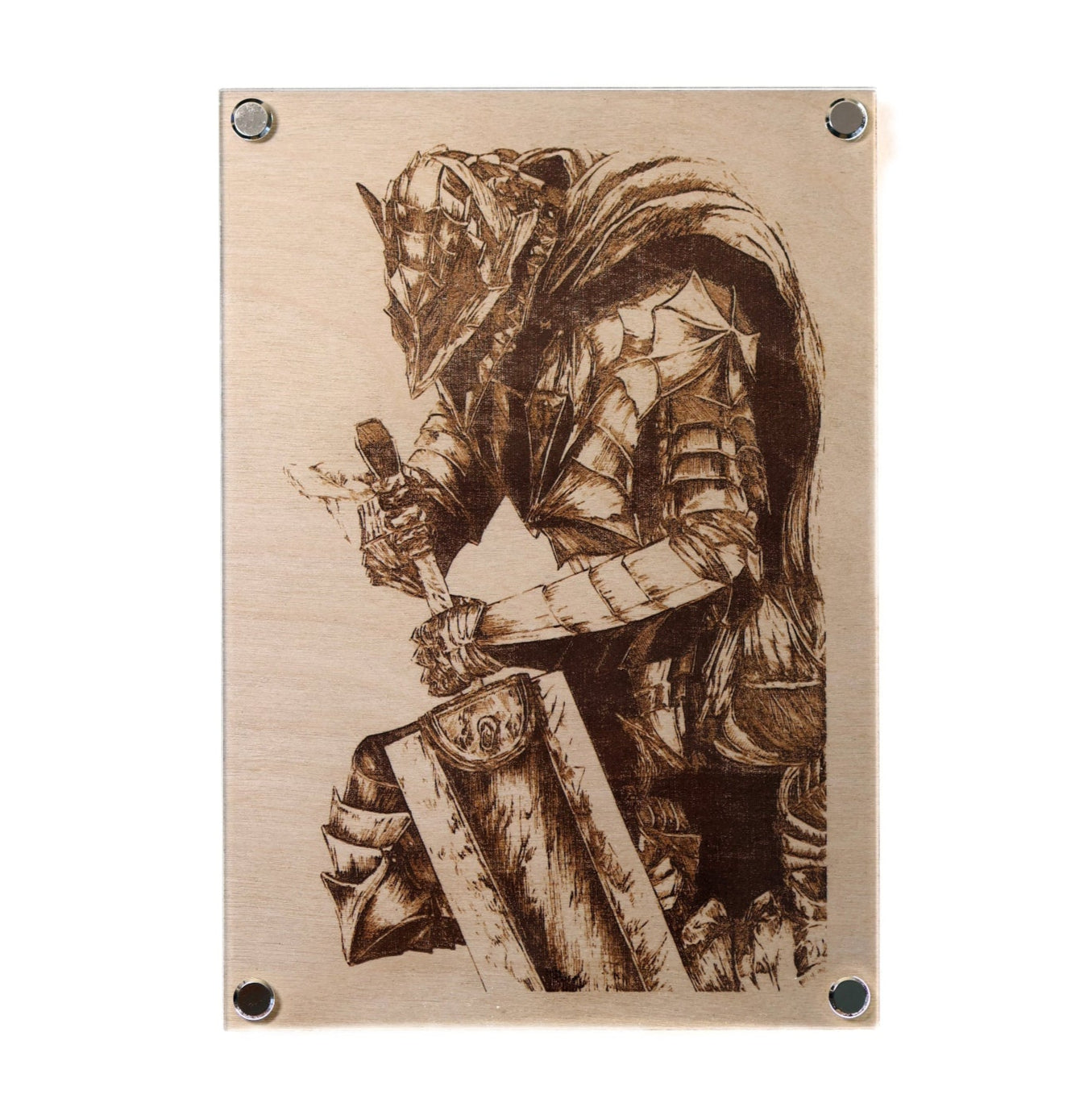 Artysn Studio exclusive laser-engraved plaque, Berserker Armor LayaBoard Art, featuring Guts in his formidable Berserker Armor. This stunning artwork captures the intense and dark essence of Guts, with his wolf-shaped helmet adding a fierce touch.