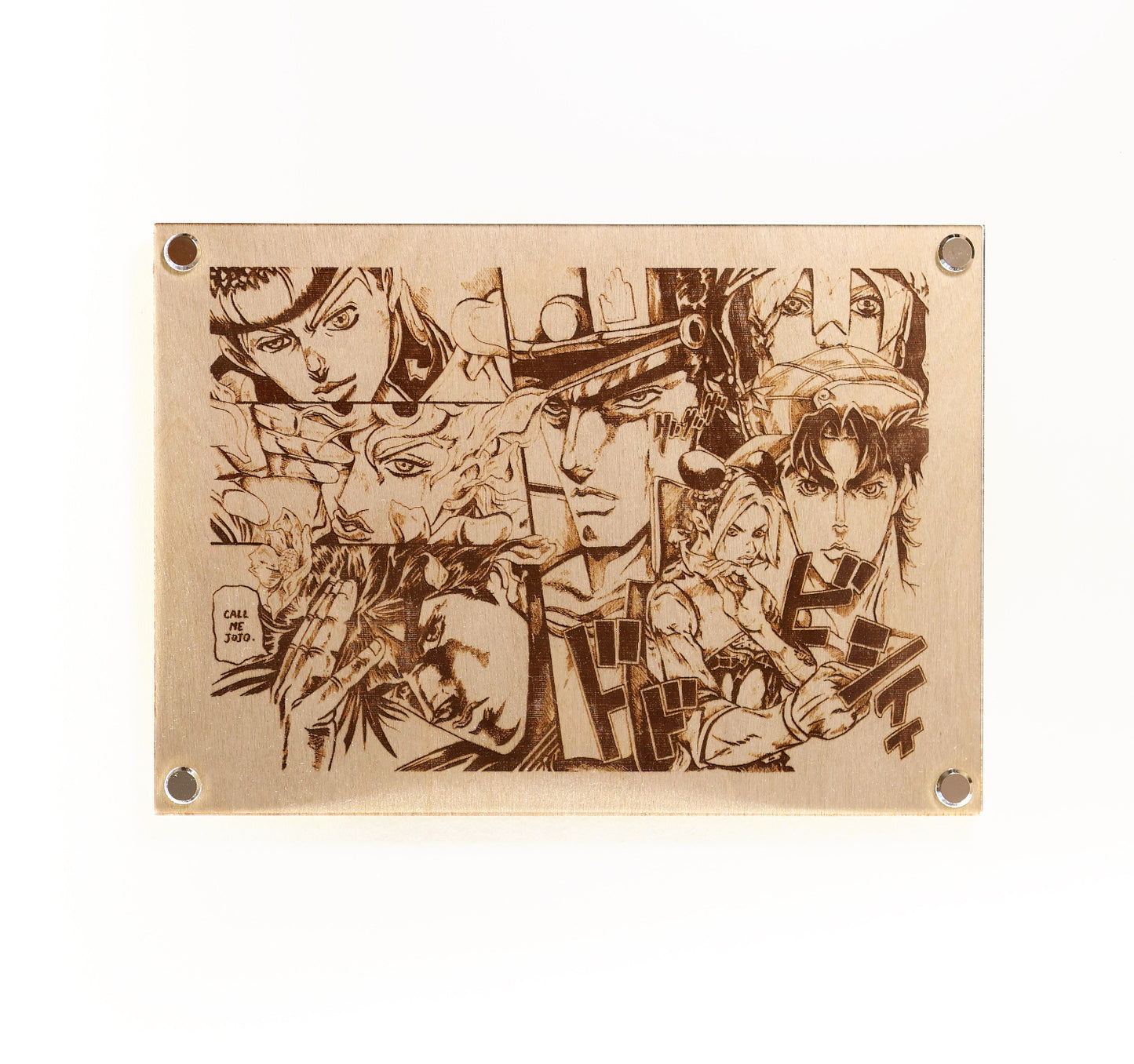 Laser-engraved plaque artwork featuring the iconic characters from JoJo's Bizarre Adventure. Including, Jonathan, Joseph, Josuke, Jotaru, Jolyne, Giorno and Jodio.