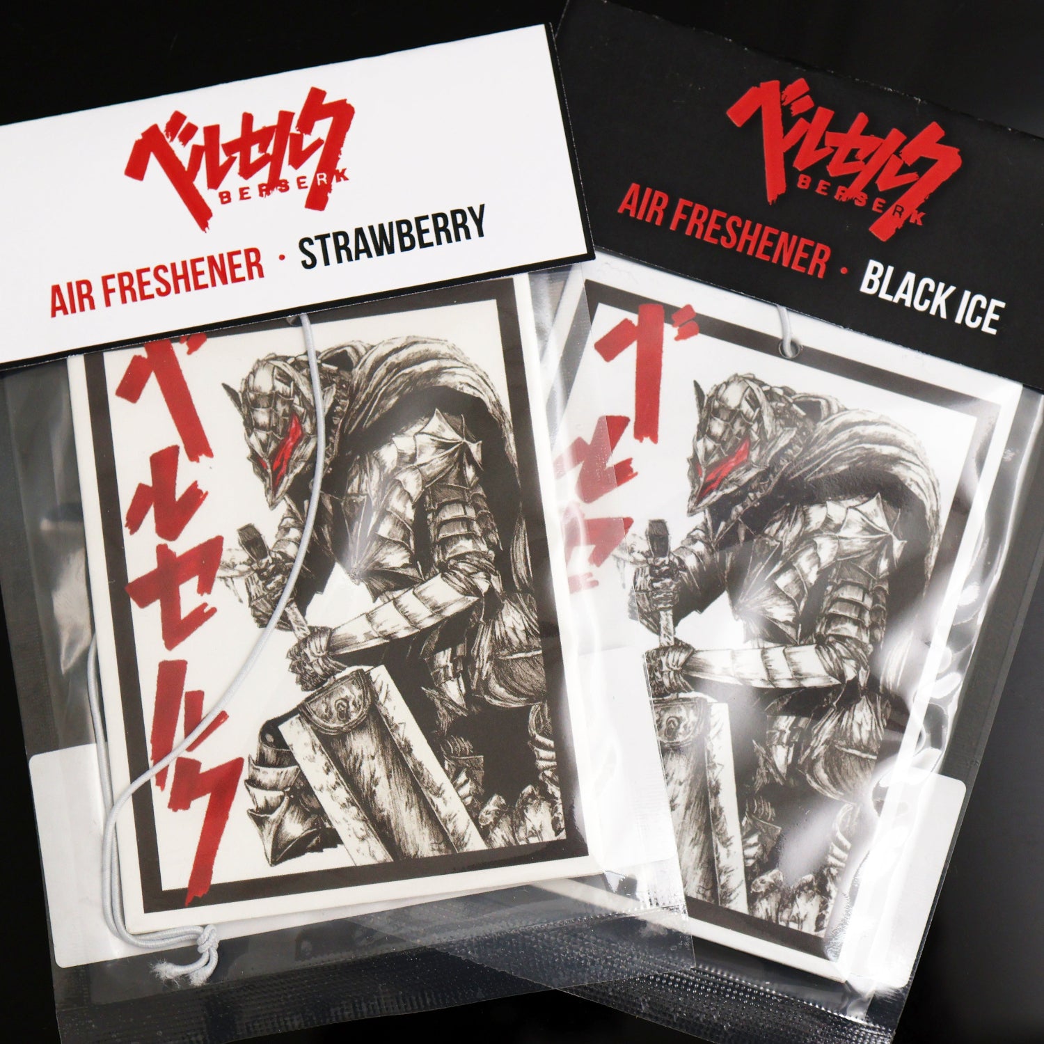 Berserk Armour Car Air Freshener available in two refreshing scents.
The card measures H: 10cm x W: 7.5cm. Each air freshener comes sealed and includes an elastic tie for easy placement.