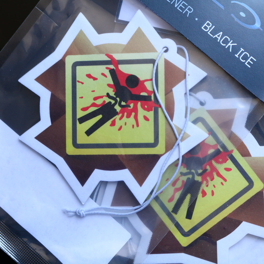 Halo Splatter Medal car air freshener black ice scent. Each air freshener comes sealed, and each includes an elastic tie.